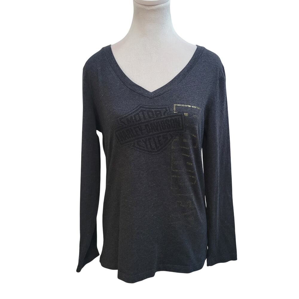 Harley-Davidson Size L‎ Gray Long Sleeve V-Neck Duluth MN Logo Graphic Tee